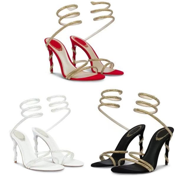 Sandalias de lujo de verano para mujer Cuero genuino Cristal decorado Serpiente Envuelto Tacones de aguja Mujeres elegantes Muestran Encanto atractivo noble único EU35-43