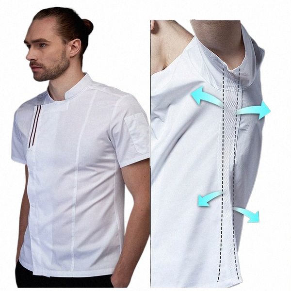 Veste de chef d'été pour hommes, chemise blanche, veste de cuisinier de cuisine, uniforme de Restaurant, salon de coiffure, salopette de travail u81w #