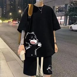 Summer Man Tracksuit Japan Cartoon Streetwear Hip Hop Rock Rock Casual Short Suit Cool Imprimé Waffle T-Shirts Shorts 2 Pieces Set 240416