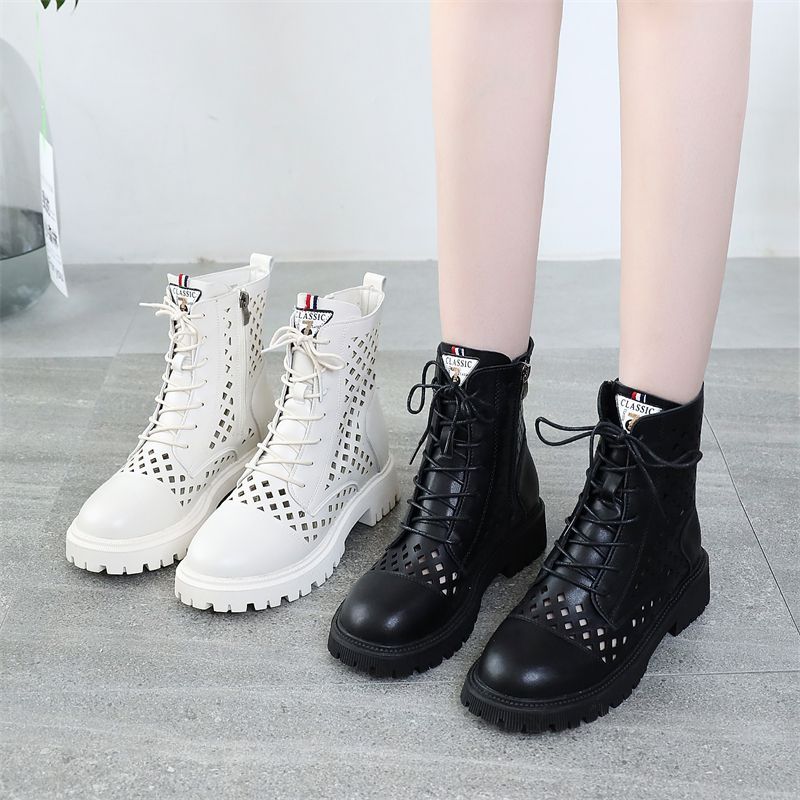 Summer Martin Boots for Women New Genuine Leather Hollow Boots Soft Sole Breathable High Top Sandals for Women Mesh Cool Boots Designer Skirt Shoes Size 35-42
