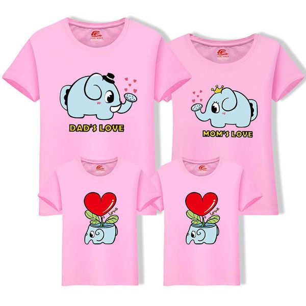 Été correspondant famille tenues mignon éléphant imprimé t-shirt décontracté coton à manches courtes haut t-shirts papa maman et moi vêtements 210713