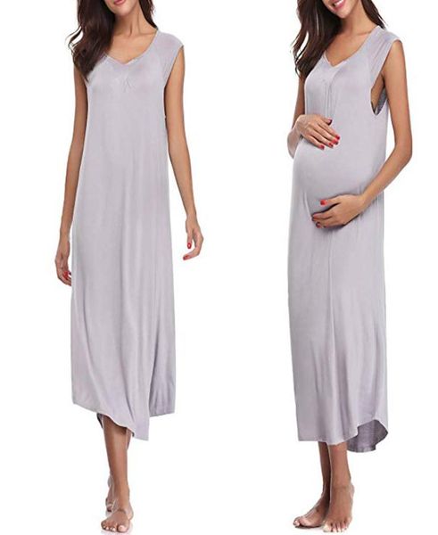 Robes de maternité d'été vêtements enceintes robe de grossesse décontracté sans manches solide gris robe enceinte coton longueur de thé robe d'été 7418189
