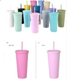 Sommer mattfarben weiß grün 22OZ SKINNY TUMBLERS Acrylbecher mit Deckel und Strohhalmen doppelwandiger wiederverwendbarer Becher aus Kunststoff