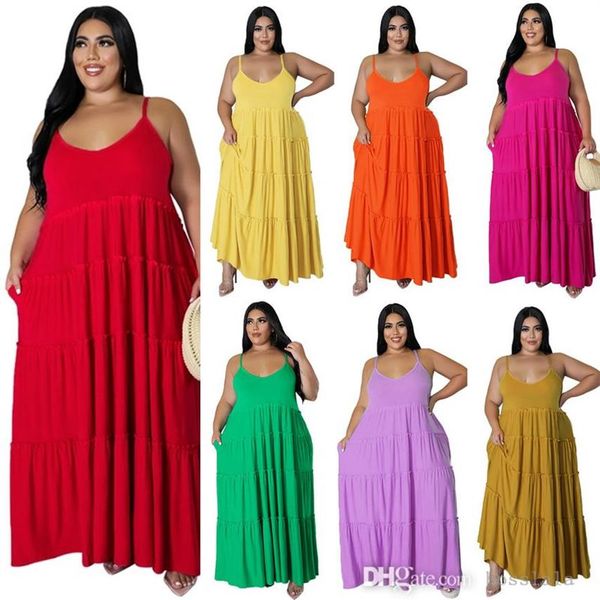 Robes d'été Maxi Designer grandes femmes vêtements couleur unie sexy jarretelle à plusieurs niveaux longue robe de poupée L-5XL306B