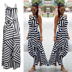 Été Maxi longue robe nouvelle mode femmes Sexy Boho rayé sans manches plage Style sangle robe d'été Vestidos pour femme noir blanc 210331