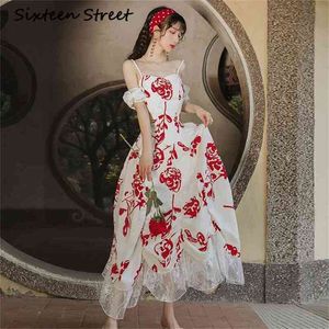 Summer Maxi Red Flowers Imprimez les femmes longues robe sans bretelles Party sans manches Es Woman Night Sexy 210603