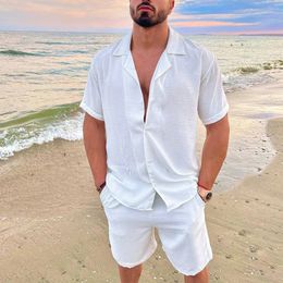 Summer Men Beach Shirt Board Shorts Set Solid White Linen ButtonUp Tops Bottom Tracksuit Clothing 240403