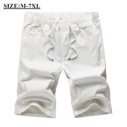 Été Hommes Bermudes Plage Blanc Shorts De Mode Taille Élastique Cordon Couleur Unie Droite Lâche Coton Casual Cargo Shorts 7XL X0705