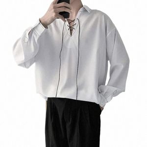 Été Hommes Blouse 2022 Nouveau Noir Blanc Bref Cordon Ligne Lumineuse Decorati Vêtements Coréens Fi Travail Lg Manches T-shirts D5kY #