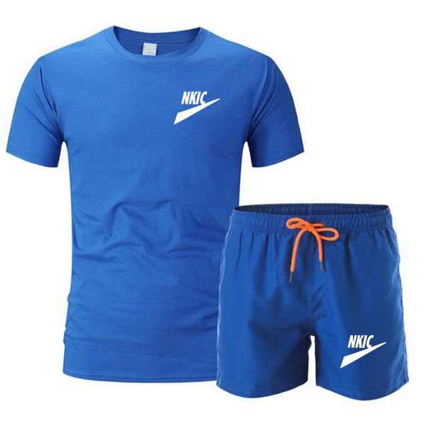 Conjuntos de marca de verano para hombre, chándal 100% algodón, camiseta azul, ropa de hombre, ropa de calle de moda, traje de color sólido, ropa deportiva informal para hombre, conjuntos cortos de 2 piezas