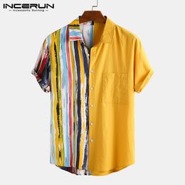 Heren Casual Shirts Zomer Mannen Shirt Katoen Gestreepte Patchwork Revers 2021 Knop Korte Mouw Camisa Streetwear Mens Hawaiian Incerun 7