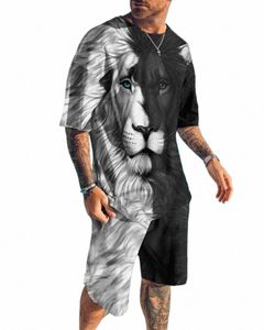 Été Hommes Casual T-shirt Ensembles pour homme Survêtement Fi 2 pièces Oversize Outfit Animal Li Tiger Costume Gym Streetwear 2023 Q2ss #