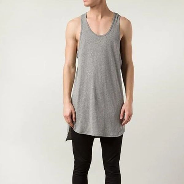 Summer Men Algodón Long Tank Top Side Split Street Hop Subshirt Man Negro Blanco Blanco Gris Camiseta sin mangas Camiseta de gimnasia 240419