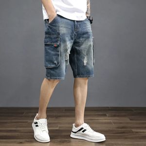 Été Men Cropped Denim Pantalon Short Loose Corean Fashion Hole Jeans Shorts 240408