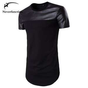 Verano Hombres Dobladillo curvo Camiseta casual Hombres PU Costura de cuero Street Swag Hip Hop Algodón Camiseta extendida Mangas cortas Hombres Camiseta 210726