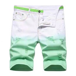 Zomer mannen denim shorts mode fancy gradiënt kleur jeans hoogwaardige elastiek gescheurde slanke fit rechte denim shorts 240523