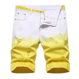 Zomer mannen denim shorts mode fancy gradient color jeans hoogwaardige elastiek gescheurde slanke fit recht 240328