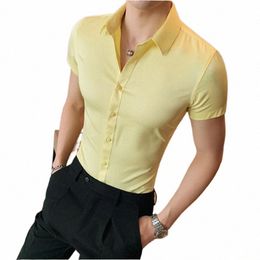 Zomer Mannen Fi Casual Korte Mouw Solid Shirt Super Slim Fit Mannelijke Sociale Busin Dr Shirt Merk Mannen Casual Dr blouse n7gT #