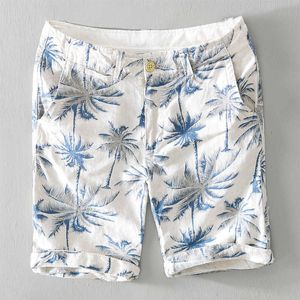 Verano Hombres Hip Hop Shorts 100% Lino de alta calidad Hawaii Árbol Impreso Mediados de cintura Vacaciones Playa Suave Transpirable Streetwear 210714