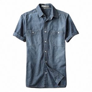 Été Hommes Jeans Chemise Cott Manches Courtes Denim Chemises Hommes Simple Boutonnage Vintage Cowboy Camisa Jeans Masculina TS-255 N2cR #