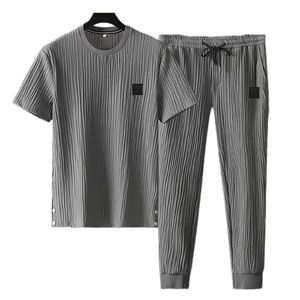 Ensemble chemise et pantalon plissés pour hommes, ensemble deux pièces, survêtement fin, doux et respirant, costume de sport décontracté pour usage quotidien, 240227