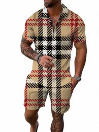 Summer Men Polo Shirt Set Survêtement Vintage Outfit Hawaii 2 pièces Casual Busin Costume Fi Trun Down Collar Zipper Vêtements U1nj #
