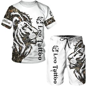 Summer Men s Animal Tattoo White Short Sleeve Tops The Lion 3D Printed O neck T shirt Shorts Suit Casual Sportwear Chándal Set 220613