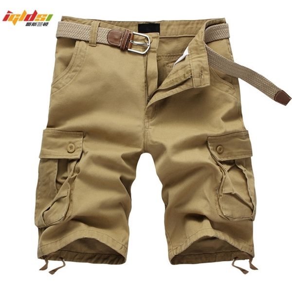 Été hommes Baggy Multi poche militaire fermeture éclair Cargo Shorts culotte mâle longue armée vert kaki hommes tactique 210716