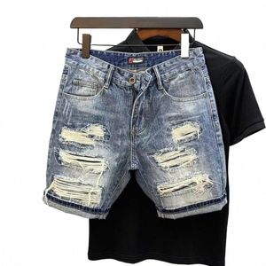 Summer Men's Brand Side Denim Shorts Gratté Torn 5 Points Hommes Lâche Taille Élastique Jeans Pantalons q9Yg #