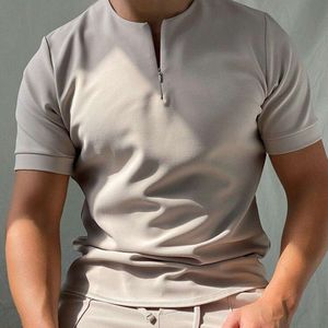 Polo d'été décontracté pour hommes, surdimensionné, coupe ample, manches courtes, kaki, fermeture éclair, haut américain