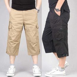 Summer Casual Cotton Cargo Shorts Overalls Long Length Multi Pocket Hot Rijbroek Military Capri Pants Male Cropped Pants P0806