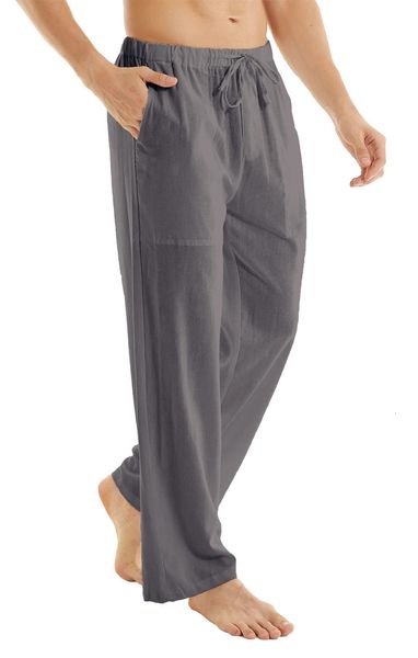 Pantalones de yoga de algodón y lino informales de verano para hombre, pantalones de chándal sueltos y transpirables, pantalones de playa, pantalones de salón, pantalones de fitness con cintura elástica 240105