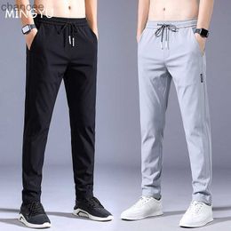 Été hommes pantalons décontractés mince doux élasticité à lacets taille couleur unie poche Applique corée gris noir travail pantalon mâle 38LF20230824.