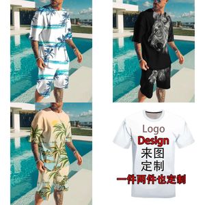Casual T-shirtset voor zomerheren, Amerikaanse 3D-bedrukte modieuze ronde nek korte mouwen strandbroek set