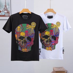 T-shirt décontracté pour hommes d'été imprimé crâne coloré repassage perceuse style hip-hop col rond confortable haut respirant