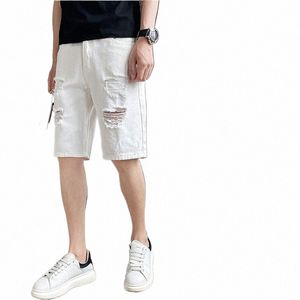 Été Hommes Casual Blanc Denim Shorts Blanc Fi Ripped Pantalon droit Stretch Slimsoft Mâle Genou Longueur Trou Jeans Courts T0Rr #