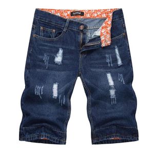 Été hommes coton marque mince Stretch Jeans décontractés court longueur au genou droite bleu foncé adoucissement Jeans213r