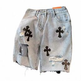 Zomer mannen Cross Gat Ragged Edge Denim Shorts Ontwerp Voel Casual Capri Wo Wijde Pijpen Mid Broek Mannen Jeans shorts A3rT #
