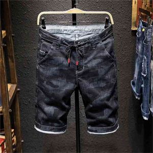 Zomer heren denim camouflage shorts mode slim fit micro elastische katoenen zwart wassen gescheurde jeans mannelijke kleding, x3176 210716