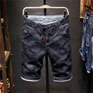 Zomer heren denim camouflage shorts mode slim fit micro elastische katoen zwart wassen gescheurde jeans mannelijke kleding, x3176 210629