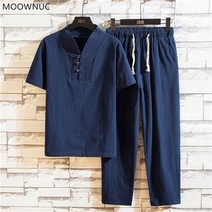 Summer Men S Fashion Casual Pure Color Katoen en Linnen Tweedelige set korte mouw T -shirt groot formaat negen broek M 5xl 220621