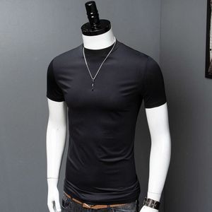 Zomer heren T-shirt met halfhoge kraag, dubbel zijden katoen met korte mouwen, puur katoen, kleine middenkraag, slim fit trend, basisshirt in effen kleur, halve mouw