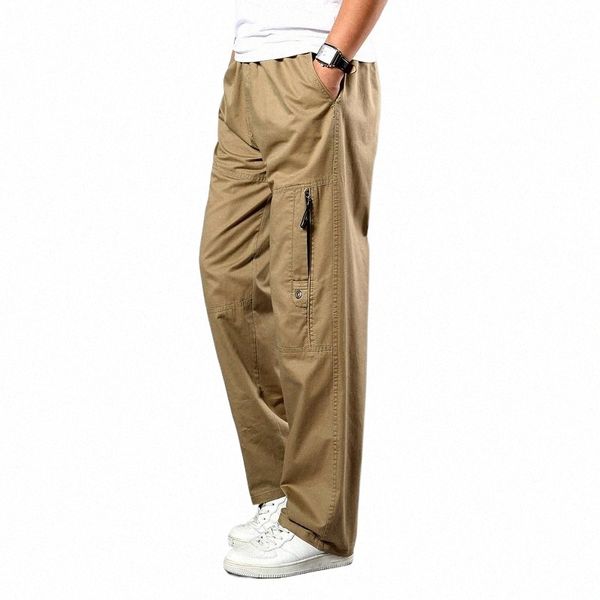 Pantalon kaki pour hommes d'été grande taille coupe droite grandes tailles 5XL poches latérales jambe large Cott pantalon cargo noir pantalon de travail mâle u5Mf #