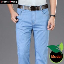 Été Hommes Bleu Clair Mince Jeans Tissu Modal Haute Qualité Affaires Casual Stretch Jean Pantalon Homme Marque Pantalon Gris Foncé 211104