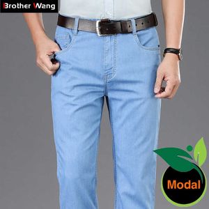 Zomer heren lichtblauw dunne jeans modale stof hoge kwaliteit zakelijke casual stretch jean broek mannelijke merk broek donkergrijs 210622