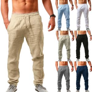 Pantalons en lin d'été pour hommes Pantalons longs décontractés - Pantalons de plage de yoga avec cordon de serrage légers Pantalons décontractés Pantalons de couleur unie Y0811