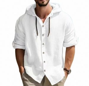 Chemise en lin pour hommes d'été solide Streetwear Lg manches à capuche Cardigan vêtements pour hommes hauts décontractés lâches fesses homme chemises s1Eb #