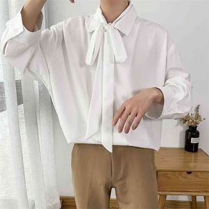 Camisa holgada de manga corta de siete minutos para hombre de verano, ropa de Color blanco/gris/amarillo, camisas con decoración de corbata a la moda, M-5XL 210809