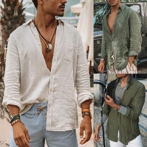 Camisas musulmanas de verano para hombre, camisas holgadas de algodón y lino, manga larga sólida, botón Retro negro, blanco y azul para hombre, camisa M-3xl