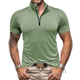 Sports d'extérieur pour hommes d'été et chemise à fermeture éclair avec collier debout, élasticité élevée et t-shirt à manches courtes à séchage rapide pour hommes